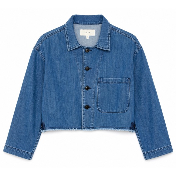 THE GREAT. Jackets & Blazers - The GREAT Crop Chore Jacket Chambray Denim Raw Hem Boxy Cropped Jacket Size 2